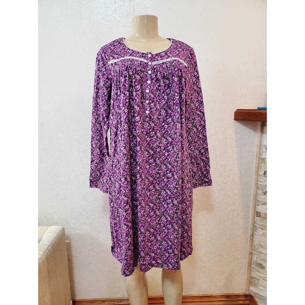 EILEEN WEST KNIT  Soft Nightgown  Button Front Floral Print   Violet Size S #190